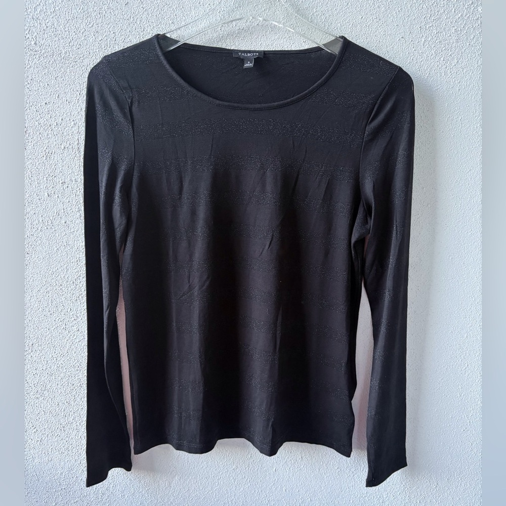 Talbot’s Black Sparkle Stripe‎ Ling Sleeve Round Neck Top Size S Career Party